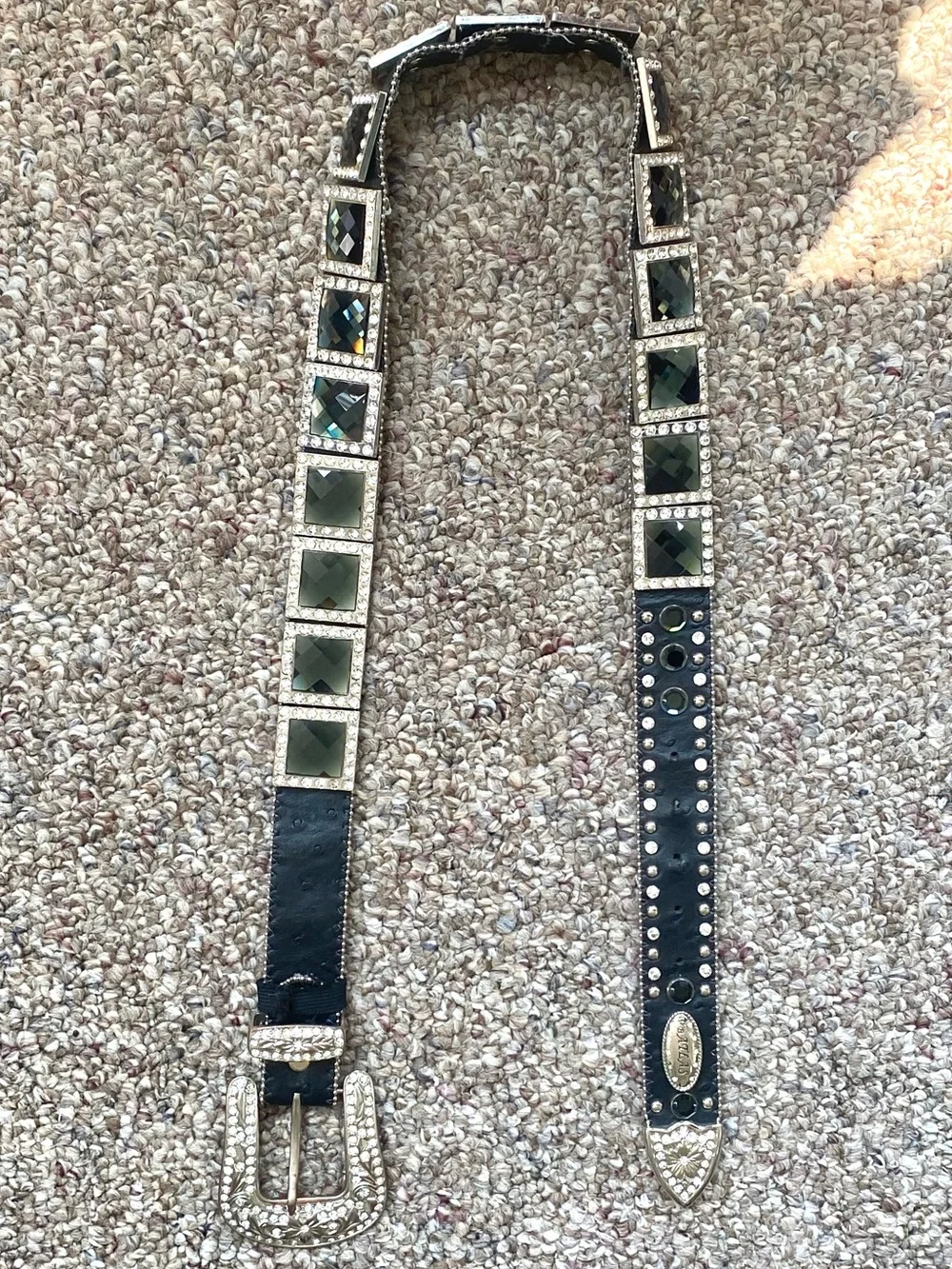 Vintage Studded Leather Suede Western Belt Rhinestone Silver Buckle 43” Large